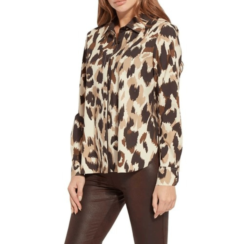 Lysse Top‎ Women's Large Connie Brown Leopard Print Long Sleeve Slim Button Down